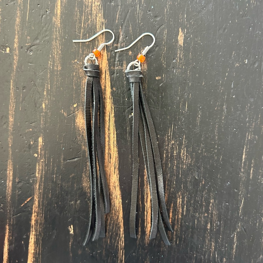Black leather fringe earrings